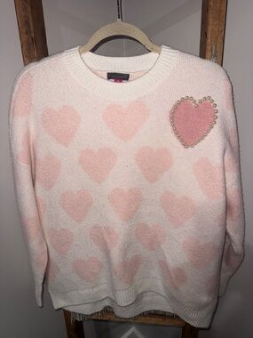 Vince Camuto Cream & Pink Heart-Print Crewneck Sweater with Pearl Accent